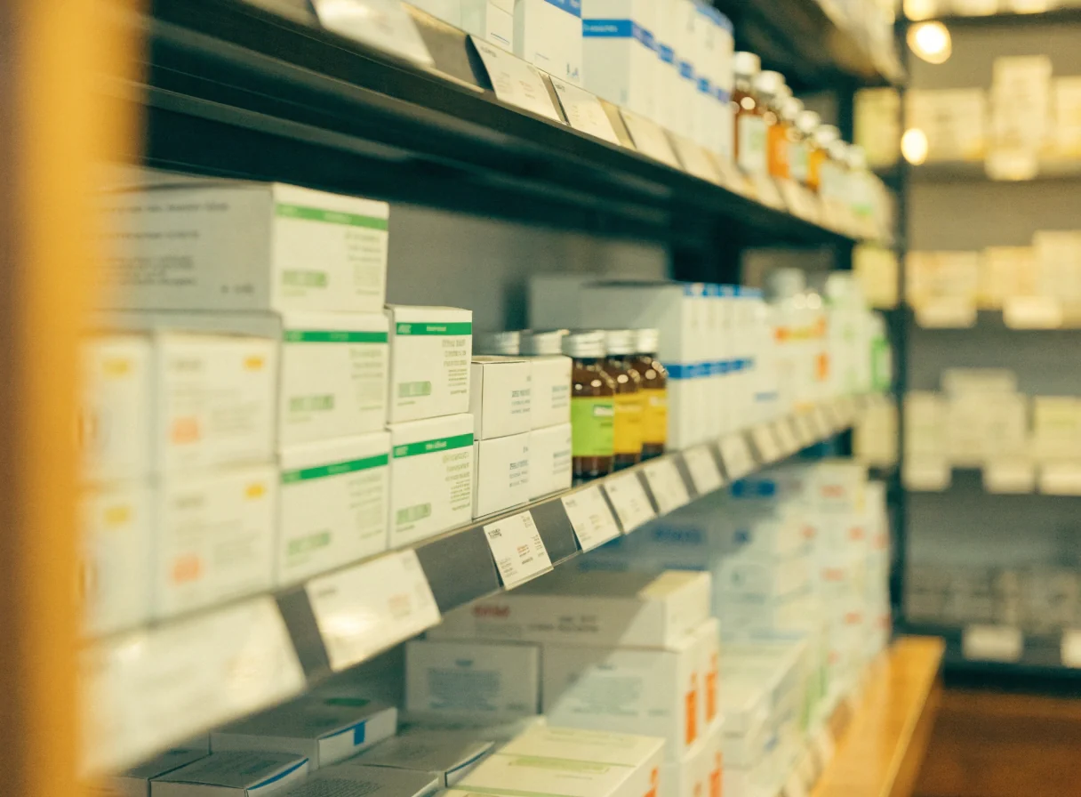 Rows of medicine boxes and bottles arranged on pharmacy shelves