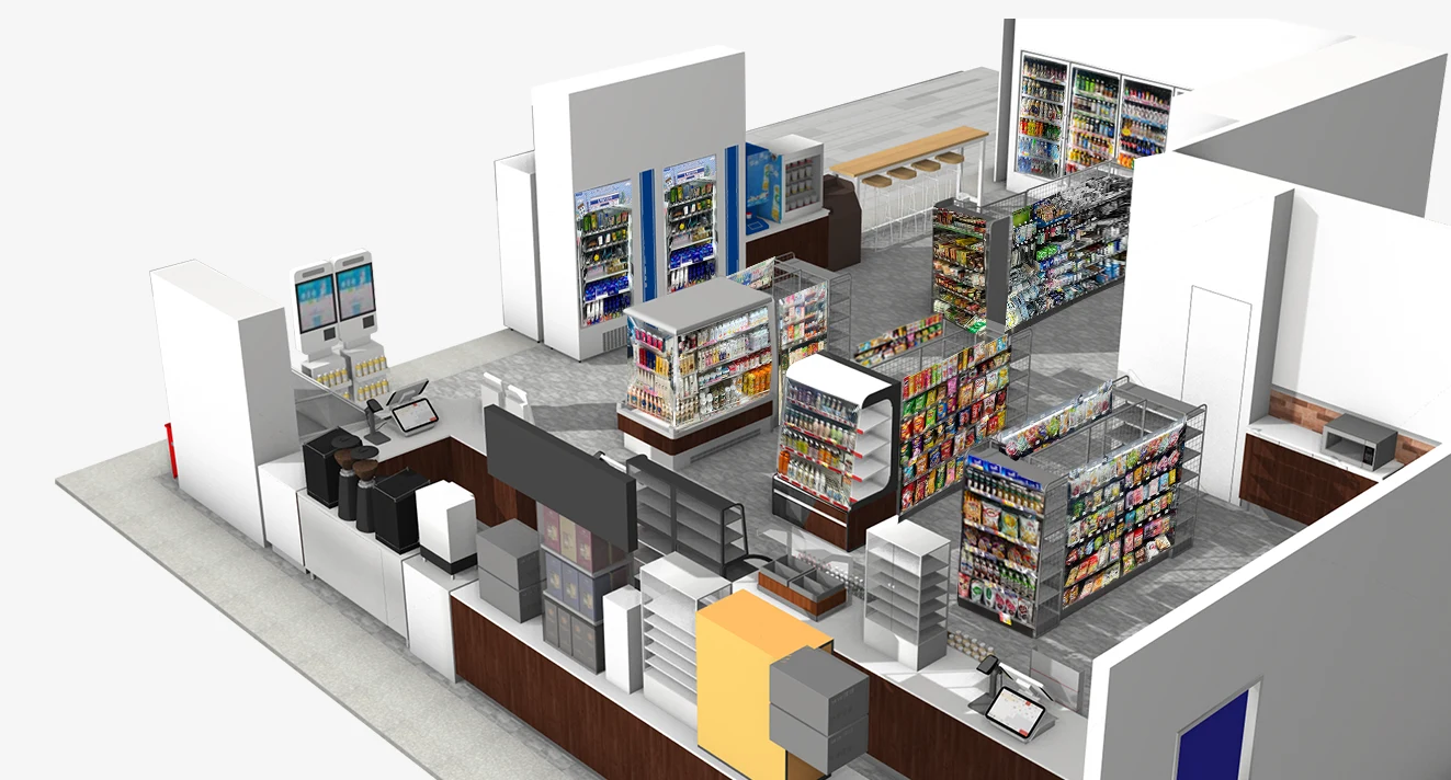 Three-dimensional convenience store layout reconstructed with shelves, coolers, displays, and checkout areas