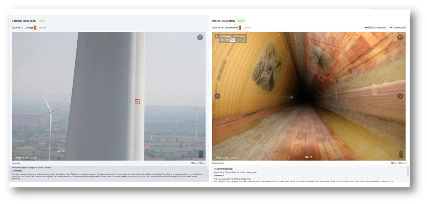 Linked external and internal wind turbine blade inspection evidence aligned by position