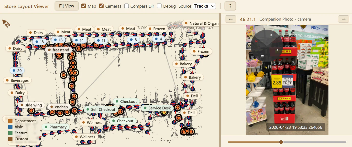 Clobotics Store Layout Viewer with camera paths, department tags, and a companion store photo of a beverage display