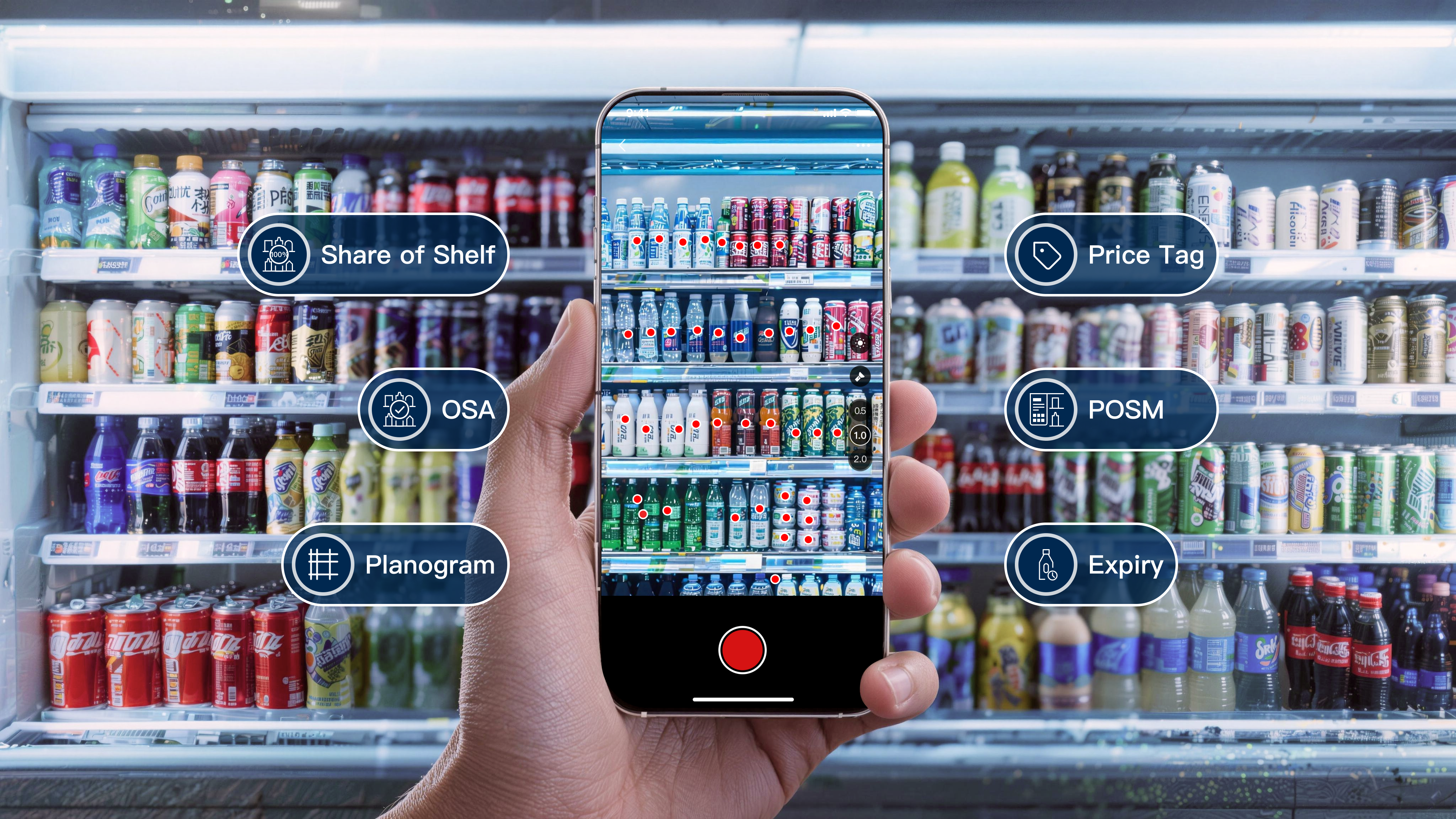 Clobotics REA mobile app detecting Share of Shelf, OSA, Planogram, Price Tag, POSM, and Expiry on a retail shelf