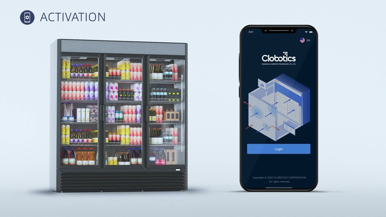 Clobotics connected cooler monitoring video showing a branded cooler and mobile application