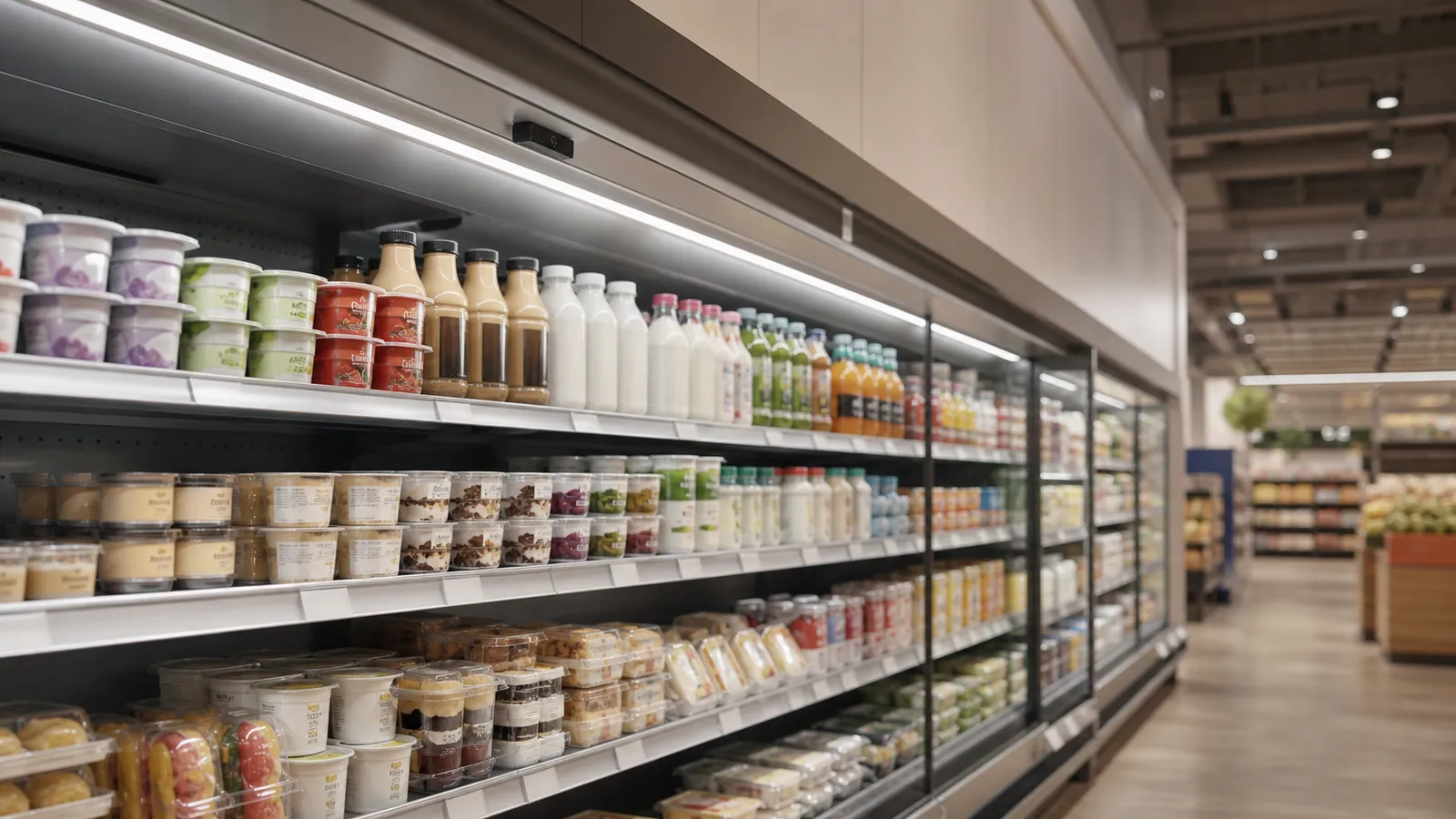 Chilled retail display with dairy products and short-life beverages ready for freshness and expiry checks