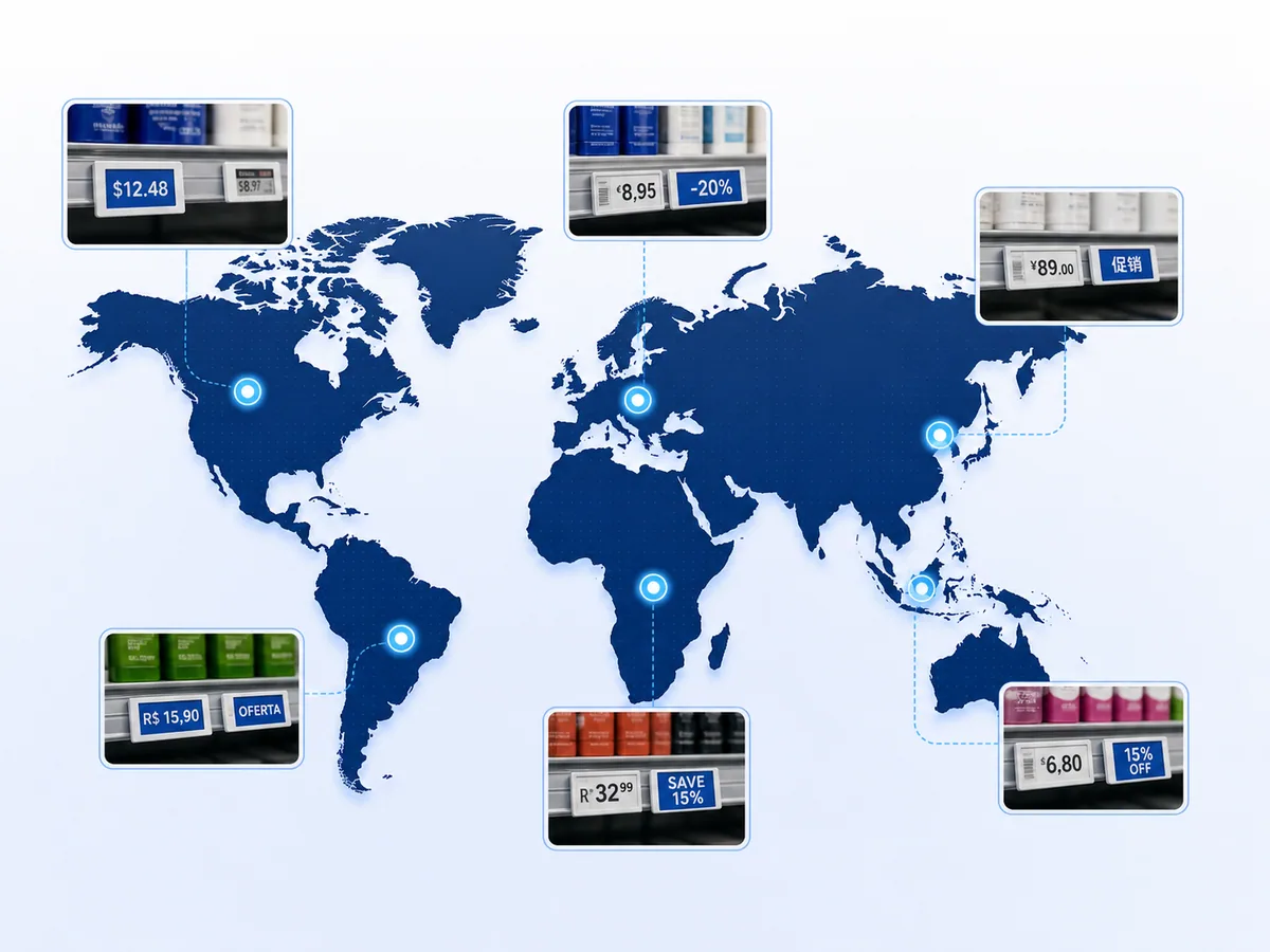 Global map connecting local retail markets, shelf conditions, prices, and promotion formats