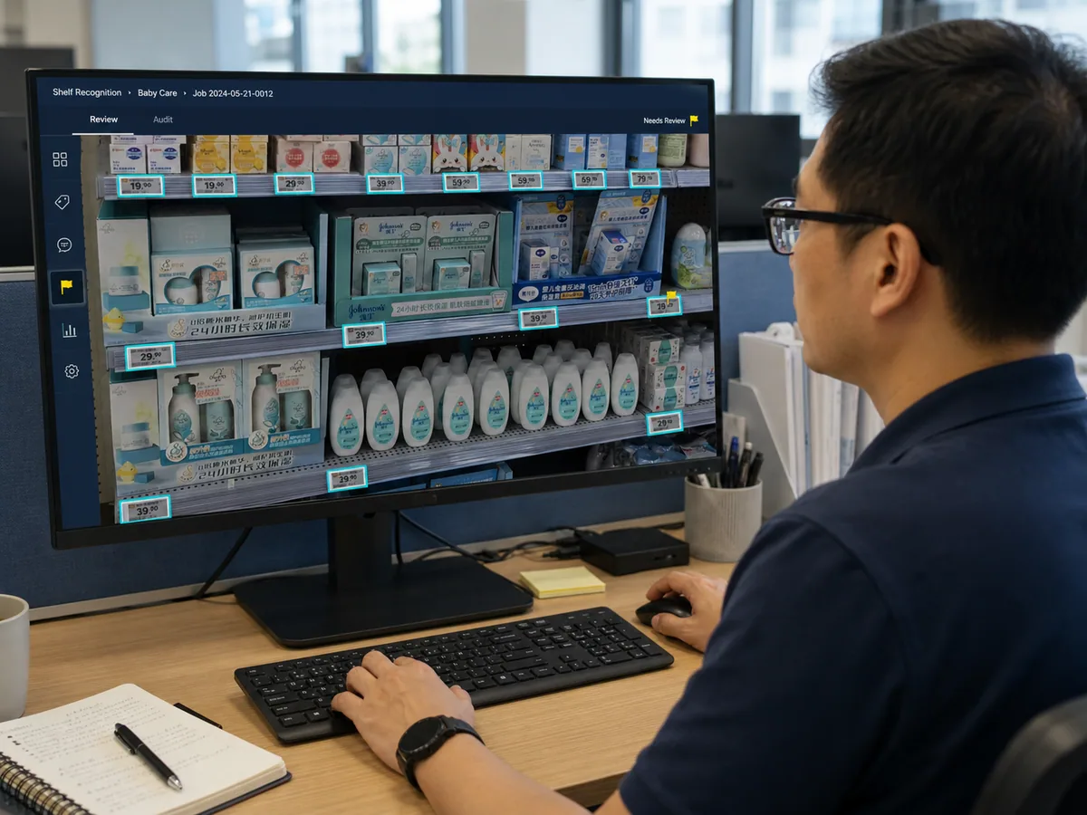 Retail data specialist reviewing OCR results from a real baby-care shelf image