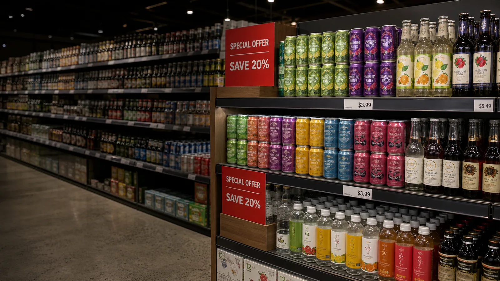 Retail beverage shelf with visible price labels and promotional display materials