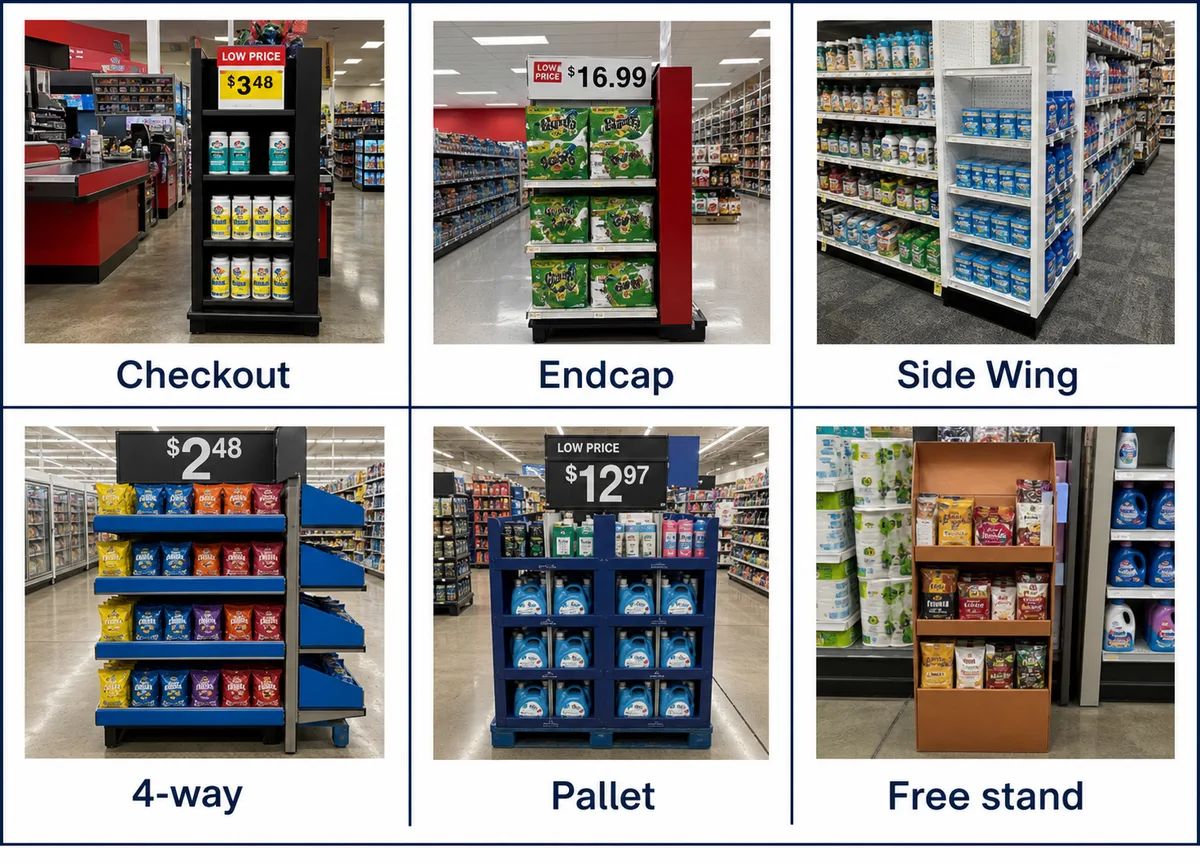 Six retail promotion display formats including checkout, endcap, side wing, 4-way, pallet, and free stand