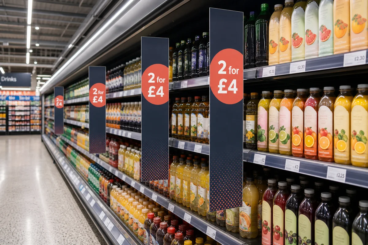 Modern beverage aisle with coordinated two-for-four-pound multibuy promotion signs