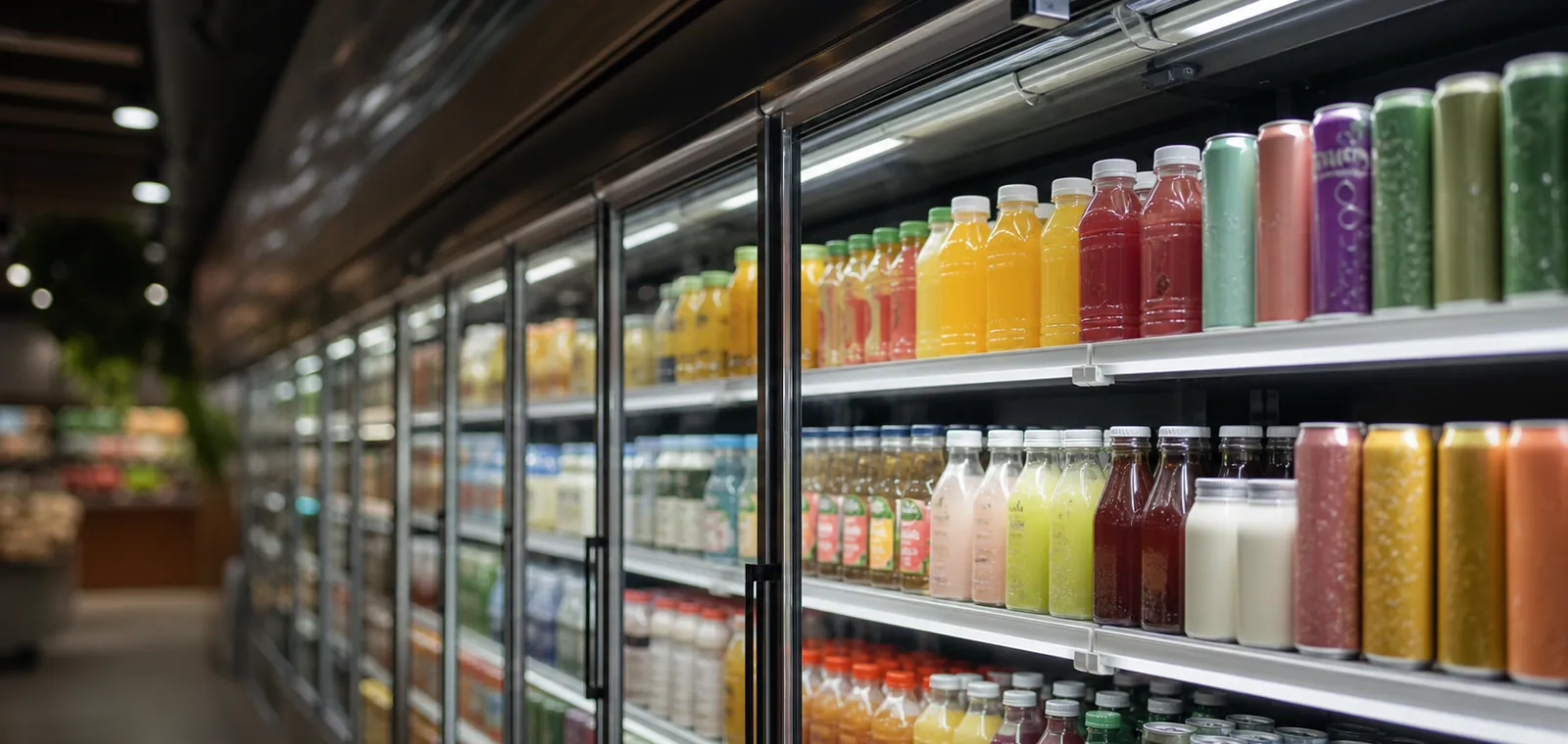 Beverage products displayed in a refrigerated retail aisle