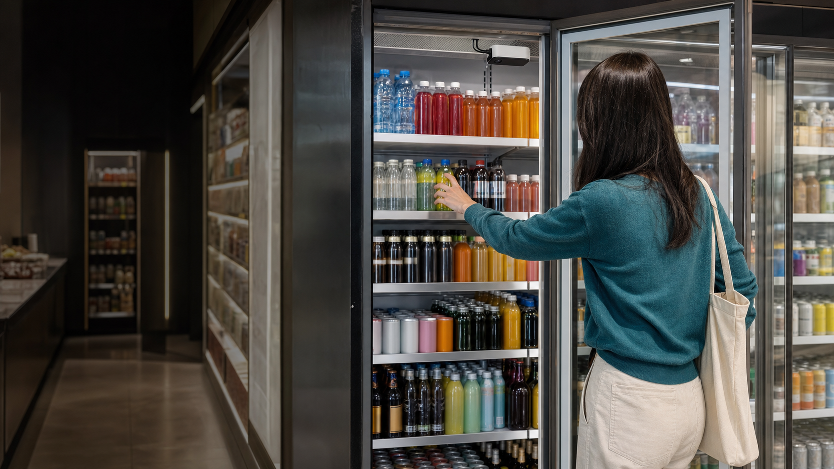 Shopper opening a branded beverage cooler in a retail store