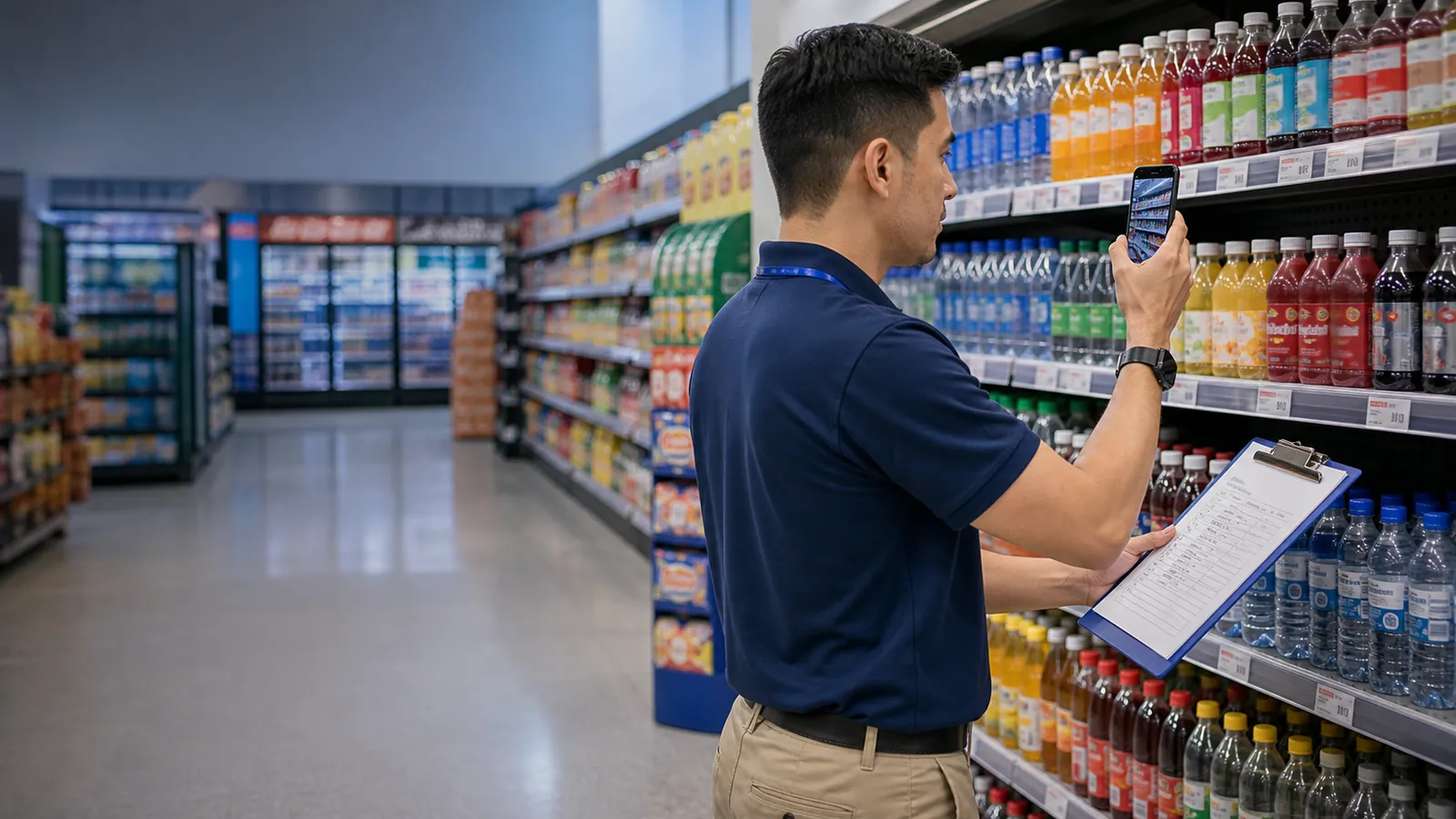 Retail field representative using a mobile phone to document shelf execution in a supermarket