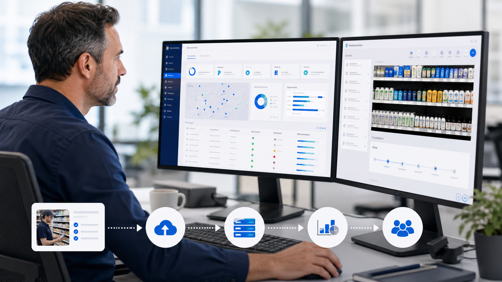 Retail operations manager reviewing shelf evidence and structured availability data in an enterprise workflow