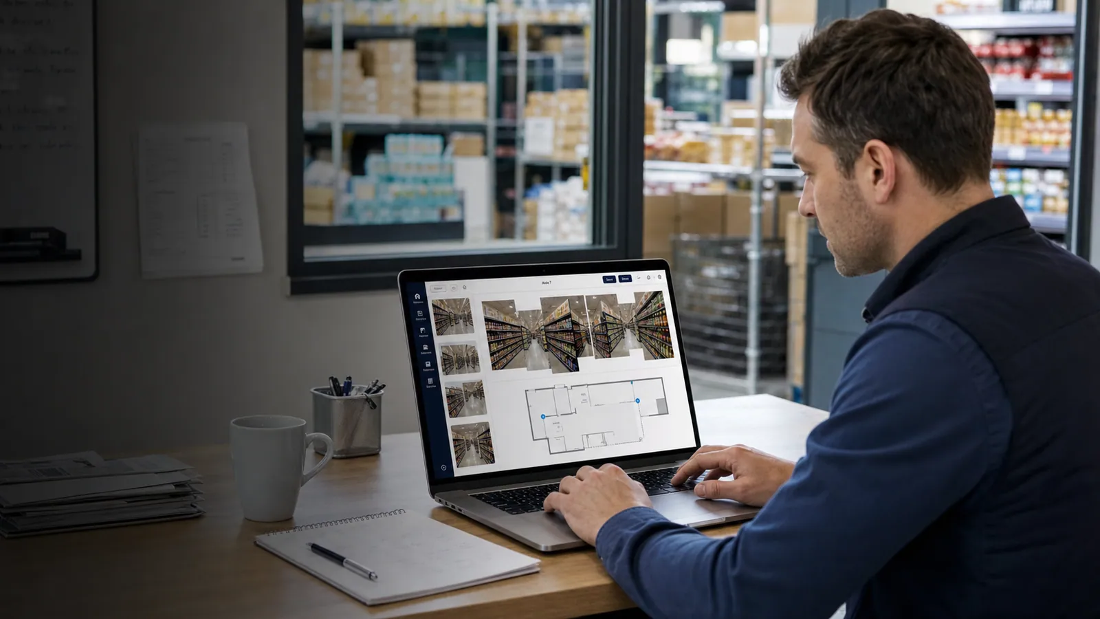Retail operations manager assembling store aisle images into a virtual layout on a laptop