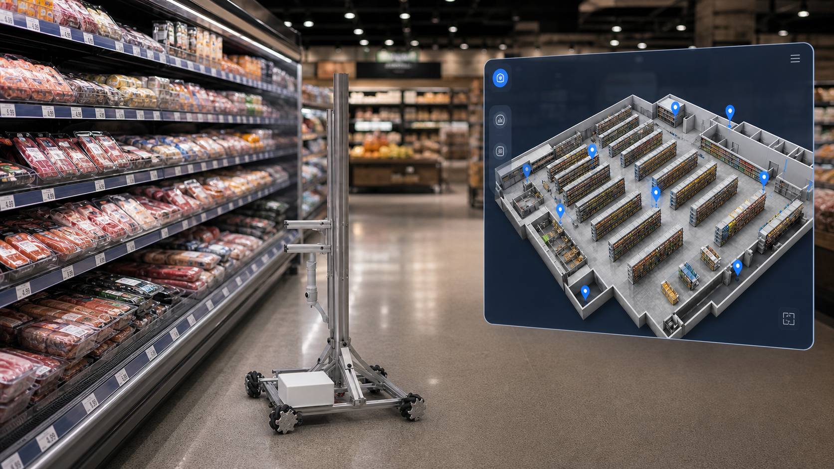 A shelf-scanning robot mapping a supermarket beside a 3D virtual store layout