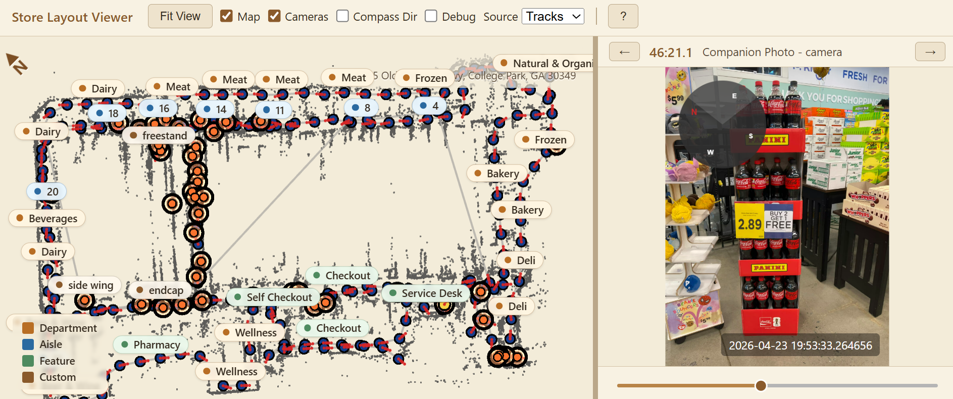 Clobotics Store Layout Viewer with camera paths, department tags, and a companion store photo of a beverage display