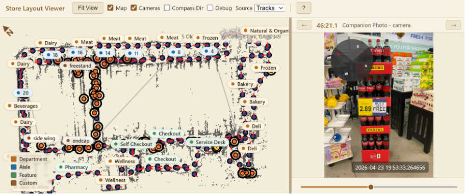 Clobotics Store Layout Viewer — real-time camera positions mapped across a retail store, with companion shelf photo showing AI-tagged product display