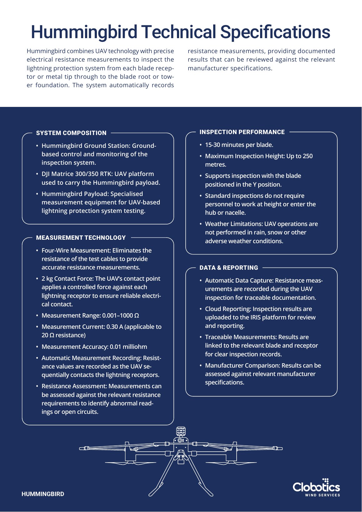Technical specifications page of the Clobotics Hummingbird product brief