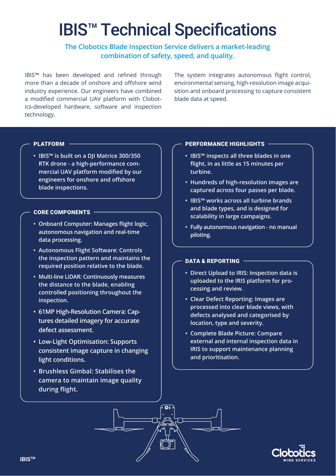 Technical specifications page of the Clobotics IBIS product brief