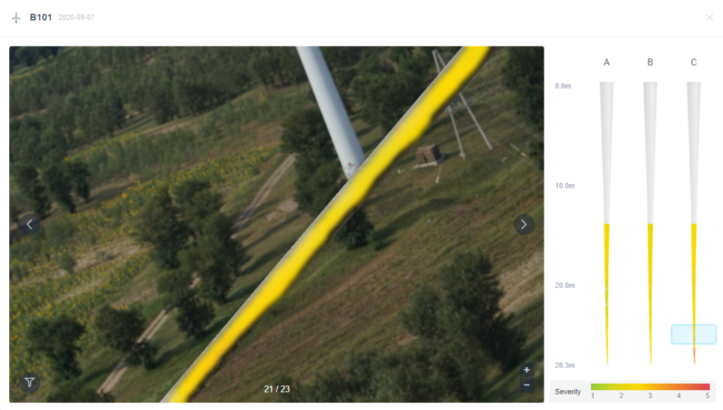 IRIS leading edge erosion heat map on a wind turbine blade
