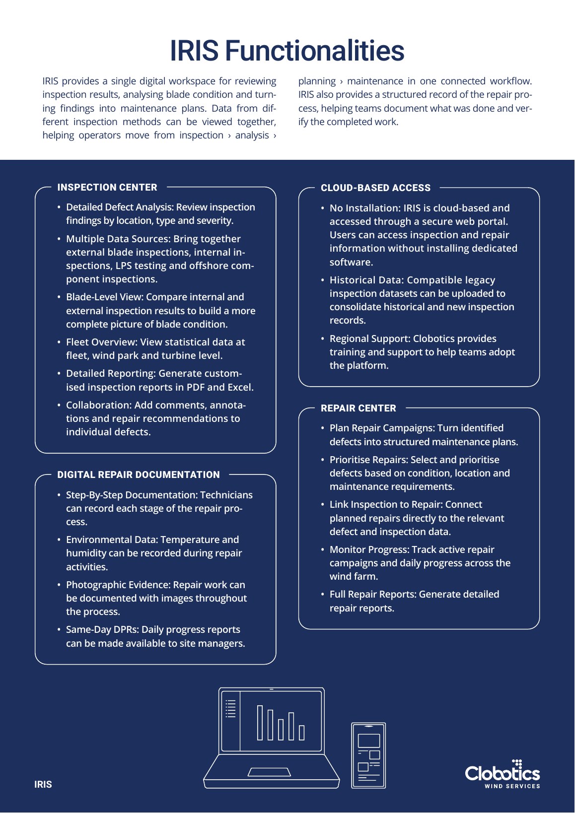 Functionalities page of the Clobotics IRIS product brief