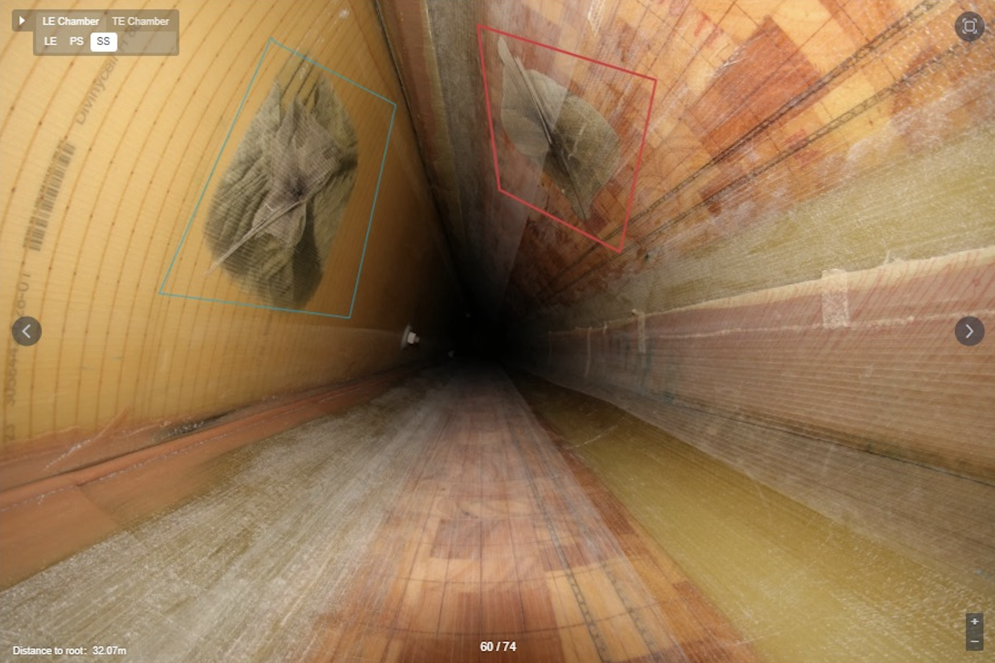 KIWI inspection evidence showing annotated internal blade findings and distance from the blade root