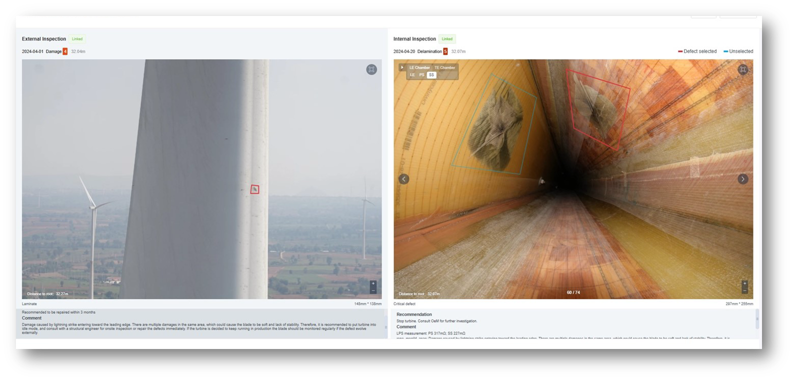Linked external and internal wind turbine blade inspection evidence aligned by position