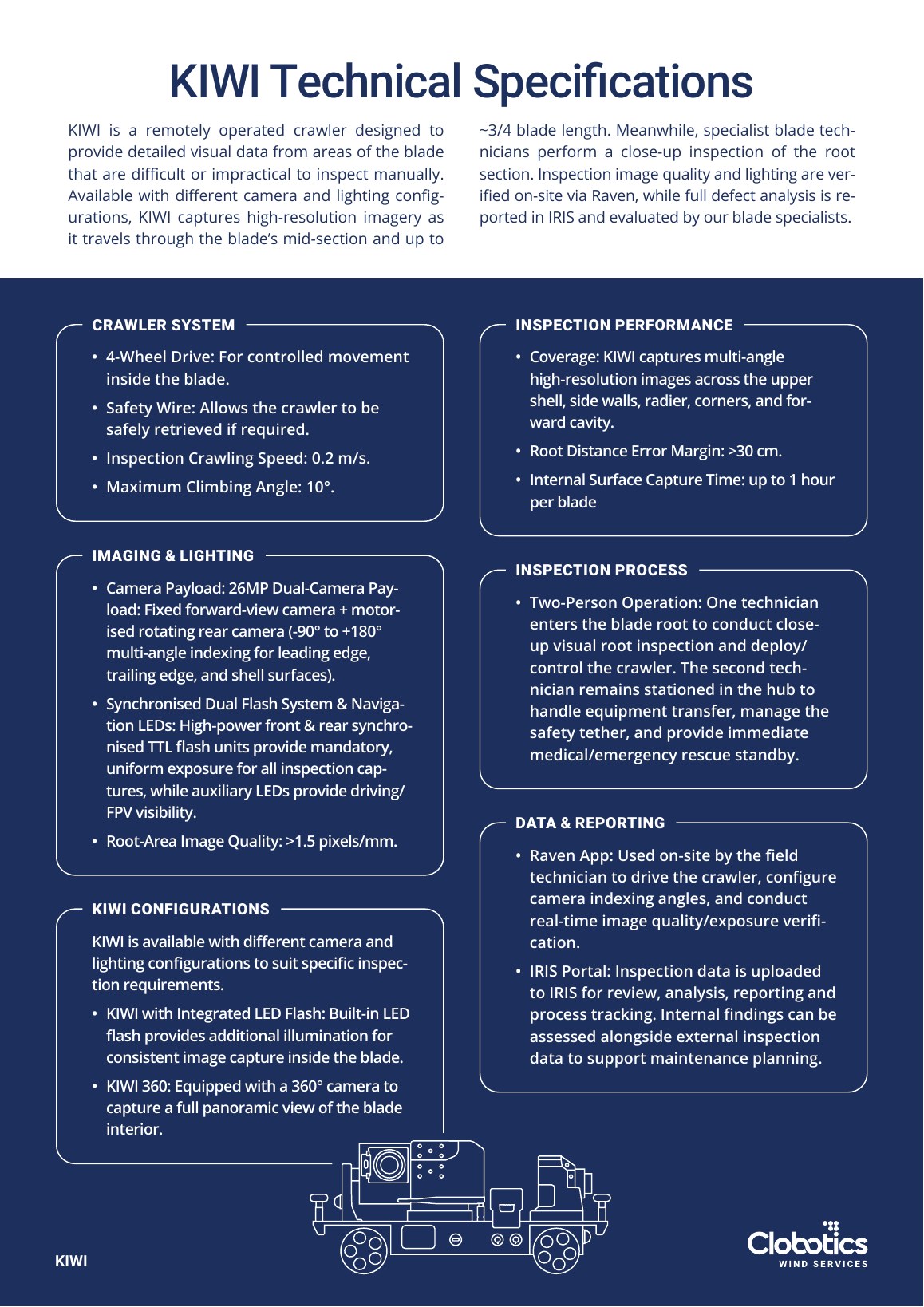 Technical specifications page of the Clobotics KIWI product brief