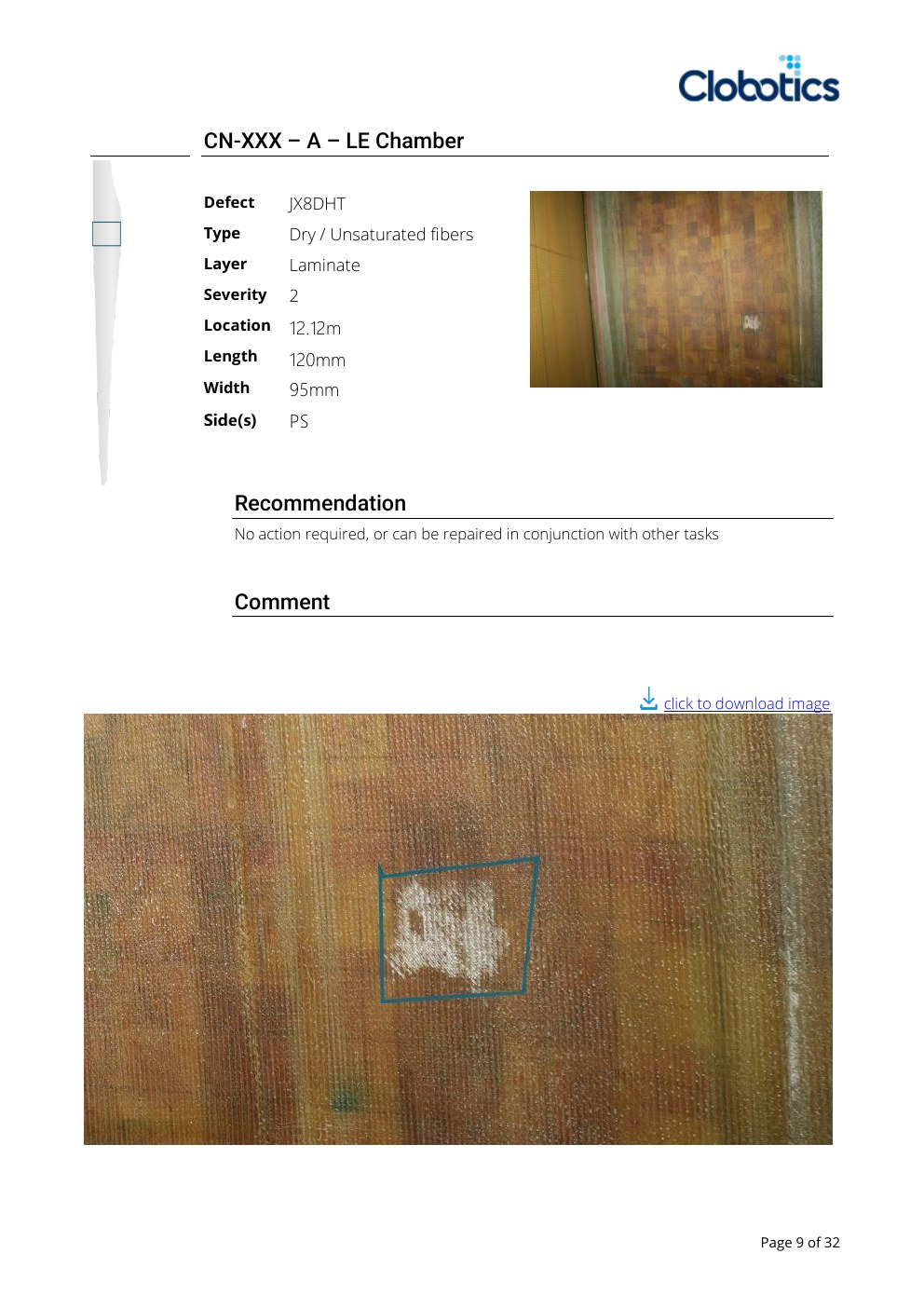 Internal blade defect detail and recommendation