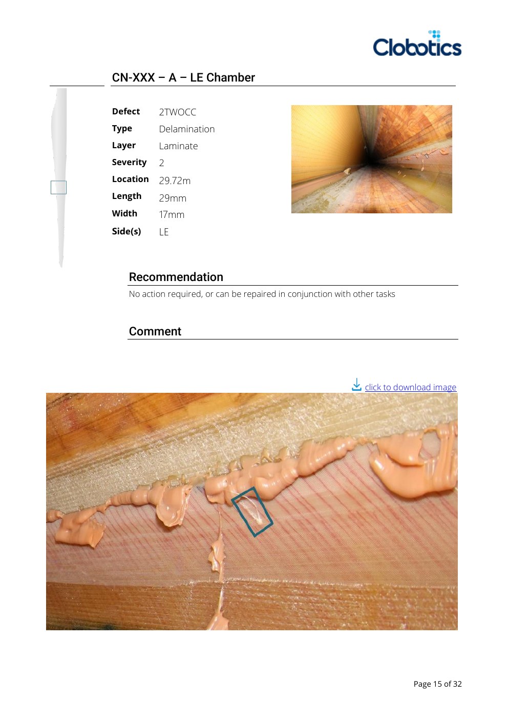Internal blade defect location and annotation