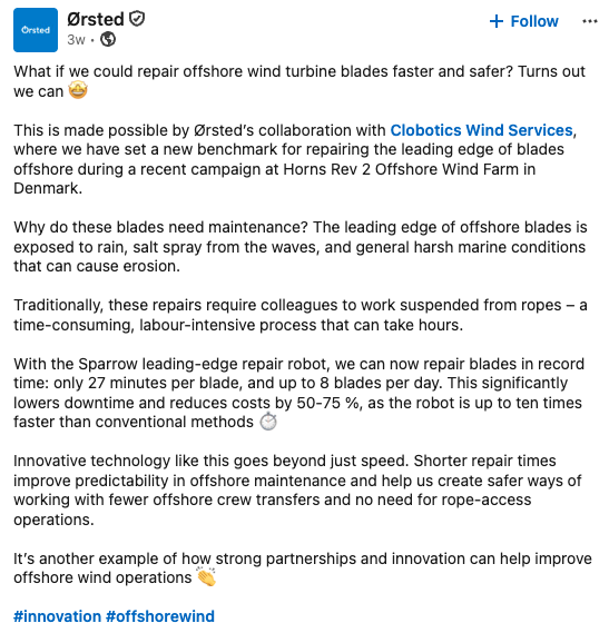 Ørsted LinkedIn post confirming the Horns Rev 2 offshore Sparrow repair campaign, including a 27-minute blade repair and up to eight blades repaired per day