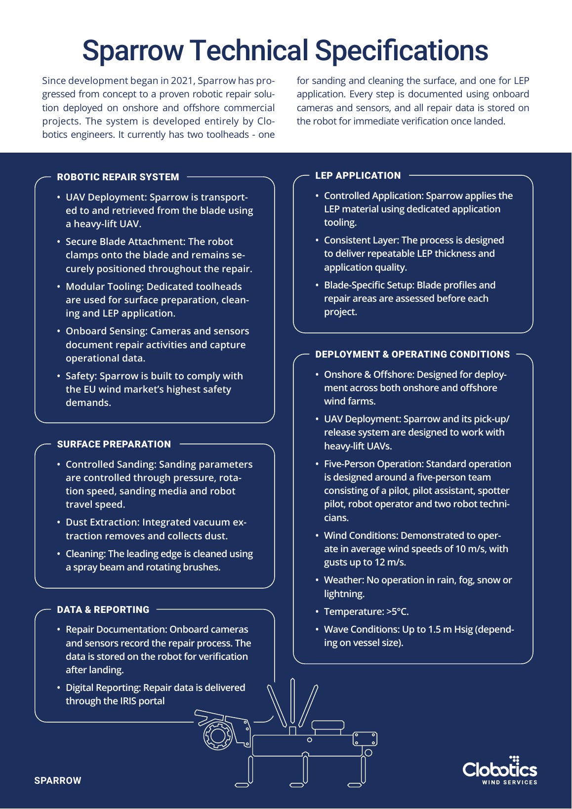 Technical specifications page of the Clobotics SPARROW product brief