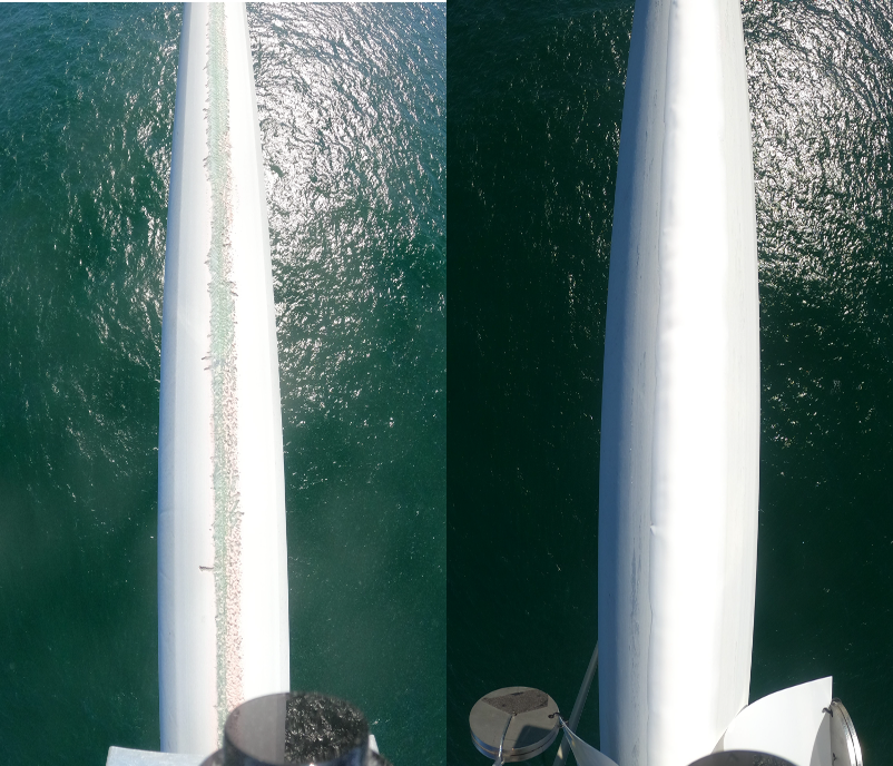 Wind turbine blade leading edge before and after SPARROW repair, example one